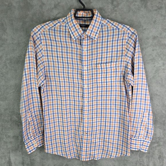 Mens Cremeux Classics Blue White & Orange Checkered Shirt 100% Linen Size M - Picture 2 of 9